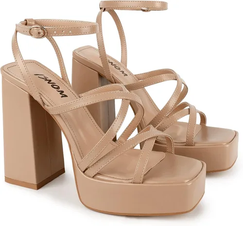 Vista 2 de ISNOM Tacones gruesos de plataforma para mujer, sandalias de tacón de bloque con punta cuadrada abierta y correa de tobillo