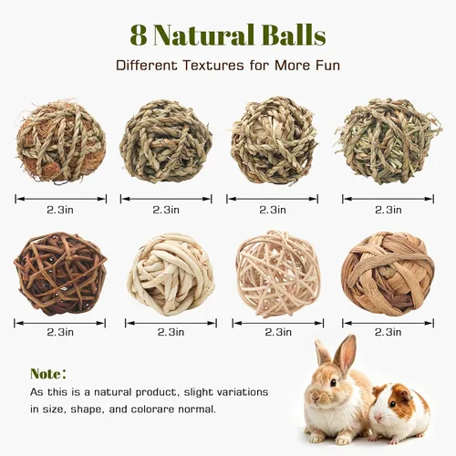 Vista 2 de 8 bolas de hierba masticable de conejo, juguetes naturales hechos a mano para rechinar dientes, golosinas de enriquecimiento para roedores, conejos