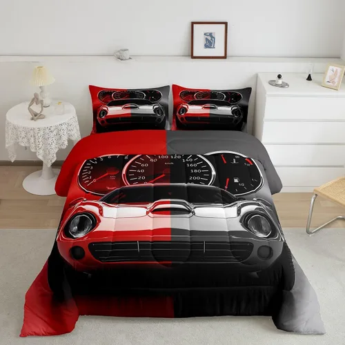 Vista 44 de Feelyou Juego de edredón azul de carreras para niños, juego de ropa de cama de coche deportivo para niños y niños, edredón deportivo geométrico a