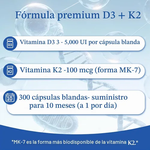 Vista 3 de 2 en 1 Vitamina D3 10000 iu Plus K2 (MK-7) 200 mcg, 300 cápsulas