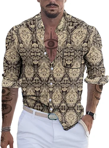 Vista 17 de domirica Camisa de manga larga con botones para hombre, étnica 2025, para verano, hawaiana, playa, casual, vintage, novedosa, ligera