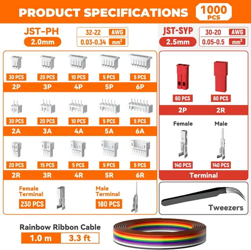 Vista 2 de JST-PH Kit de conectores de 0.079 in y JST-SYP de 0.098 in con herramienta de crimpado de trinquete AWG28-17, juego de terminales de cable de 21