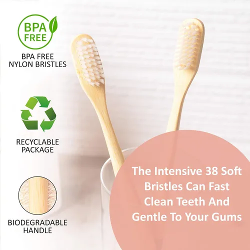 Vista 4 de laboos Paquete de 4 cepillos de dientes de bambú, ecológicos y biodegradables, no plásticos, sin BPA, cerdas naturales suaves para gingivitis