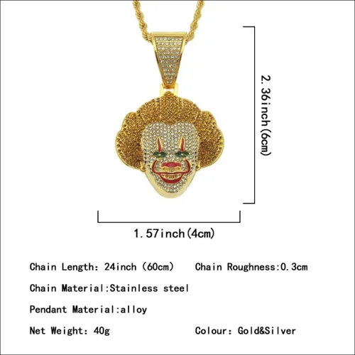 Vista 2 de LOK68 Collar con colgante de Joker helado, collar de payaso 69 para hombres, collar de payaso en V de pelo dorado helado Hip Hop Saw Billy Cosplay