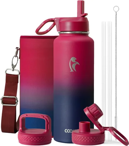 Vista 23 de Coolflask Botella de agua de 20 onzas aislada con pajilla, 3 tapas de metal de acero inoxidable, botella de agua de boca ancha para deportes u