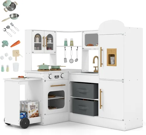 Vista 12 de Costzon Cocina de Juego de Esquina, Pequeño Chef Cocina de Juego de Simulación con Luz y Sonido Reales, Carrito Extraíble, Contenedores de Tela