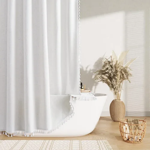 Vista 24 de Nanspring Cortina de ducha de lino extra larga para baño, 96 pulgadas Natural