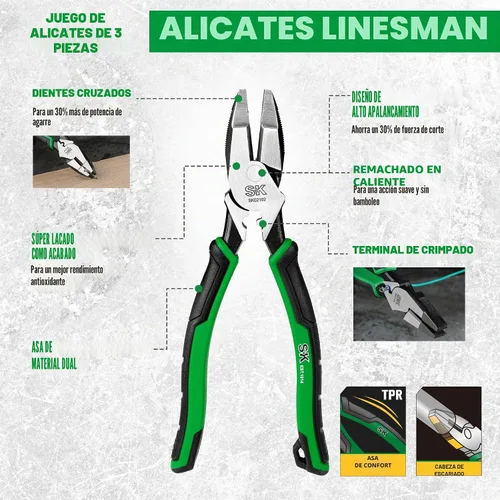 Vista 4 de SK Juego de alicates de 3 piezas, alicates Linesman de 9.5 pulgadas, alicates diagonales y de punta de aguja de 8 pulgadas, acero de alto carbono