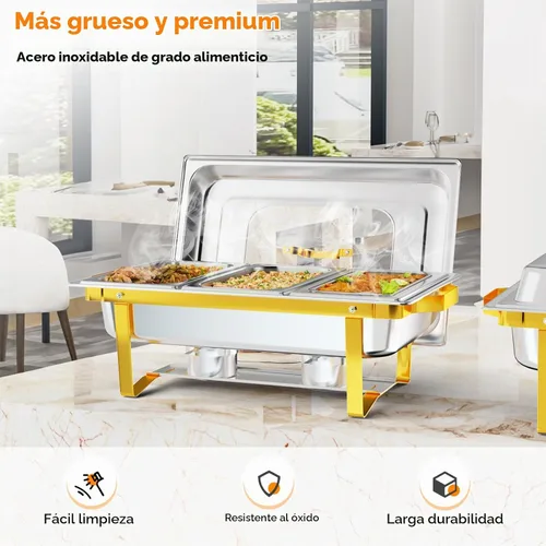Vista 4 de ROVSUN Platos dorados para bufé, juego de bufé de 9 cuartos con tapa de vidrio, servidores y calentadores de bufé de acero inoxidable con marco