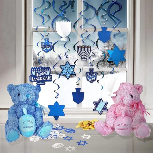 Vista 2 de The Dreidel Company Decoraciones de Remolinos de Hanukkah, Incluye 12 Remolinos con Recortes de Hanukkah de Papel de Aluminio de 24" y Remolinos