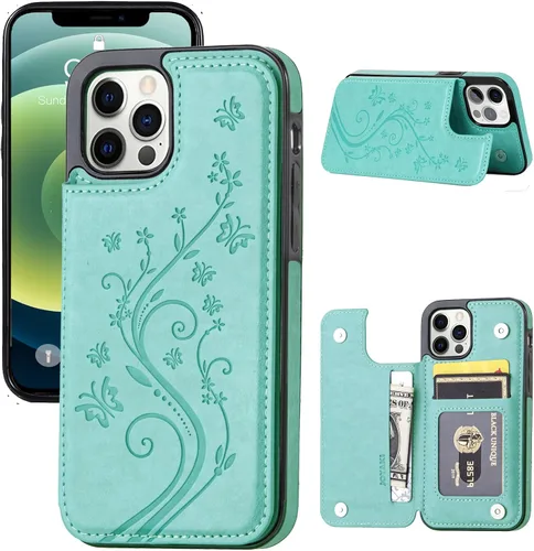 Vista 10 de Funda tipo cartera compatible con iPhone 12 Pro/12, funda protectora delgada con tarjetero, funda premium de cuero sintético con función atril