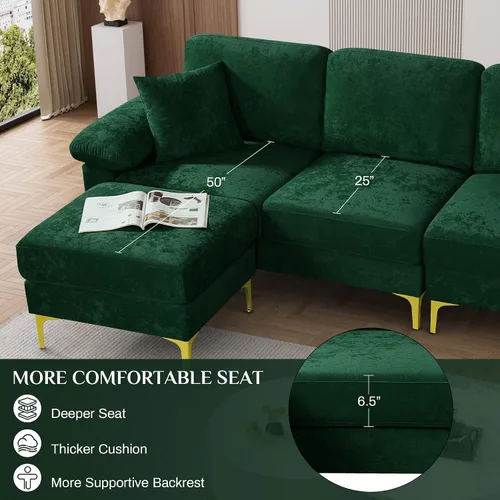 Vista 7 de OUYESSIR Sofá modular en forma de L, sofá de terciopelo de 3 plazas con otomana y almohadas, cómodo sofá cama tapizado para sala de estar, Verde