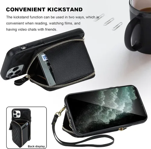 Vista 5 de Bocasal - Funda tipo cartera cruzada para iPhone 11 Pro, color negro RFID Blocking PU Leather Zipper Handbag Purse, Kickstand Flip Folio Case with