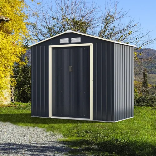 Vista 9 de Goplus Cobertizo de almacenamiento, organizador de metal de 7 x 4 pies, para exteriores, con 4 rejillas de ventilación y doble puerta corrediza