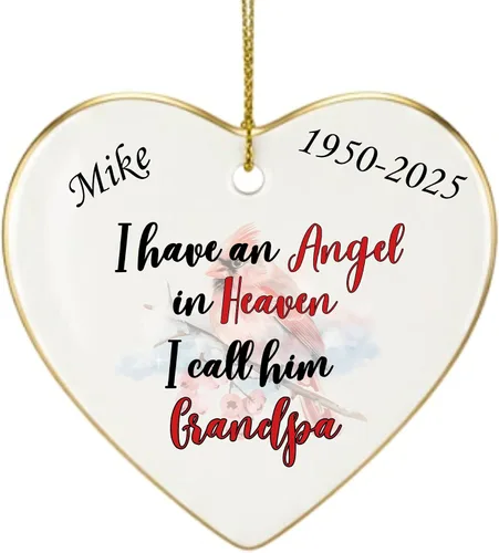 Vista 19 de Adorno de Navidad conmemorativo personalizado 2025 – Recuerdo de cerámica en forma de corazón – Tengo un ángel en el cielo I Call Her Primo – Regalo