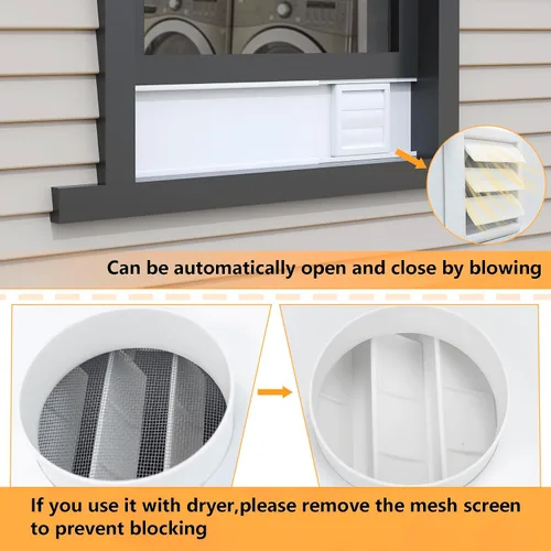 Vista 6 de LBG Products Kit de ventana de ventilación para secadora con cubierta de ventilación de cierre automático con pantalla para manguera de ventilación