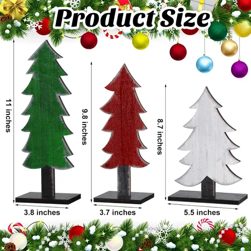 Vista 2 de Meooeck 3 piezas de árboles de Navidad de madera verde, blanca y roja, decoración rústica de Navidad, centros de mesa para mesas con base