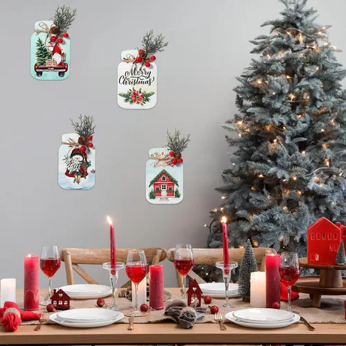 Vista 4 de Barydat 4 piezas de arte de pared de Navidad para colgar, tarro de madera con tallos de bayas rojas para Navidad, dormitorio, sala de estar