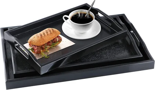 Vista 2 de MDLUU Juego de 3 bandejas de plástico para servir con asas recortadas, bandeja rectangular para mayordomo para desayuno en la cama, mesa de café