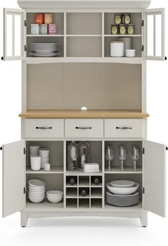 Vista 12 de Homestyles Buffet de Buffets Servidor Blanco Roto con Hutch y Tapa de Madera Natural