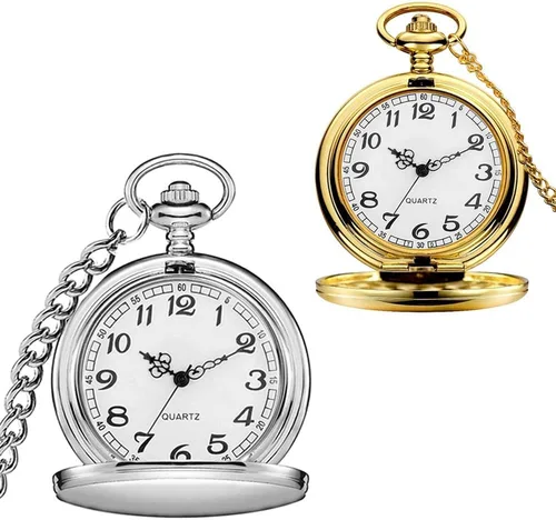 Vista 10 de Juego de 2 relojes de bolsillo clásicos con cadena para hombre y mujer Negro Negro