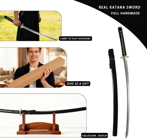 Vista 3 de Katana afilada hecha a mano, arcilla tradicional de acero templado 1060/9260/T10, espada Katana real de espiga completa, auténtica espada samurái