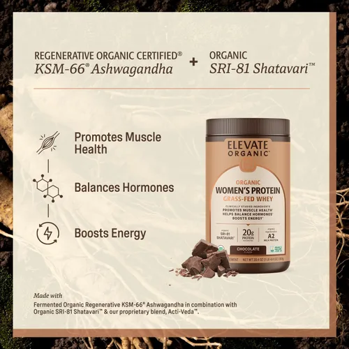 Vista 2 de Proteína de suero en polvo para mujer, chocolate, suero regenerativo A2 alimentado con pasto con SRI-81™ Shatavari orgánico, KSM-66 Ashwagandha®