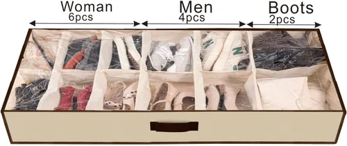 Vista 2 de Hombres/Adultos 12 Celdas Ver a través de la Cama Organizador de Bolsa de Almacenamiento de Zapatos con flor blanca y negra (beige)