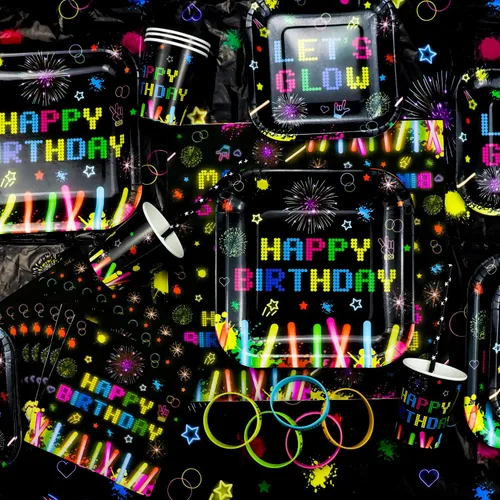 Vista 8 de 241 piezas de suministros para fiestas de neón brillante, juego de vajilla de neón brillante, globos de neón que brillan en la oscuridad, pancarta