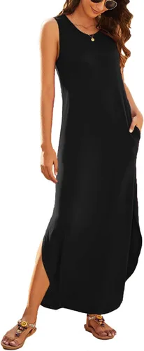 Vista 2 de Hount Vestido de verano casual sin mangas para mujer, largo, dividido, maxi con bolsillos
