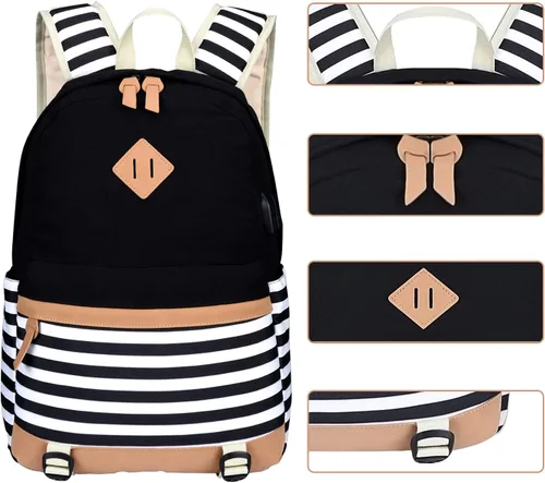Vista 4 de Mochila escolar de lona a rayas, mochila casual para laptop, mochila para estudiantes universitarios, mochila para mujeres, adolescentes y niñas