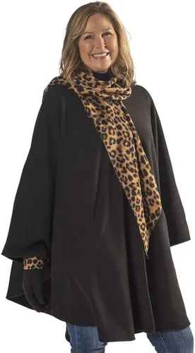 Vista 2 de Le Moda Abrigo para mujer con bufanda plisada integrada con guantes, colección de otoño, talla única