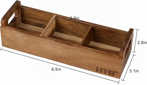 Vista 2 de HTB Caja de té pequeña de madera de acacia con 3 compartimentos para cajón de mostrador Tea Bag Chest with Handle, Mini Countertop Divided Storage