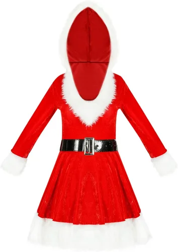 Vista 4 de SHOPESSA Disfraz de señora Santa Claus para mujer vestido de terciopelo con capucha con cinturón vestido de manga larga para fiesta de vacaciones