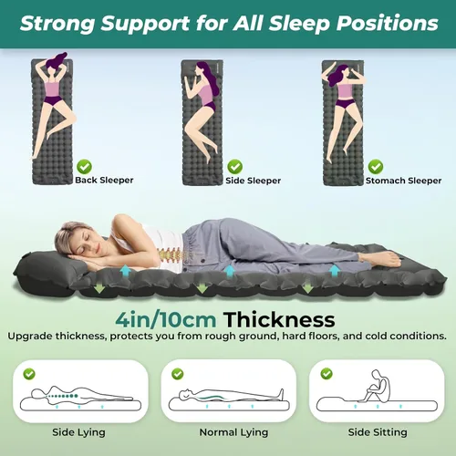 Vista 4 de Colchoneta de dormir inflable de 4 pulgadas de grosor con almohada ajustable y bomba de pie integrada, colchón de aire ligero para acampar con Gris