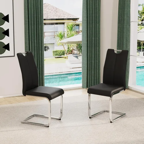 Vista 35 de Juego de sillas de comedor modernas (2 unidades) de piel sintética PU con respaldo alto tapizadas con patas doradas de metal para cocina y comedor