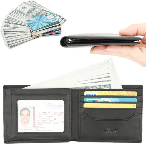 Vista 2 de HIMI Billeteras para hombre – Cartera triple de cuero genuino con bloqueo RFID con 2 ventanas de identificación, Negro #2