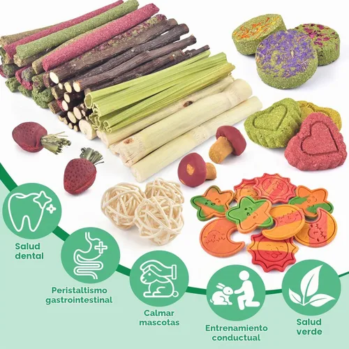 Vista 2 de ERKOON 80 juguetes masticables de conejo para dientes de conejo, juguetes naturales de conejo de madera de manzana, zanahoria, golosinas de hierba