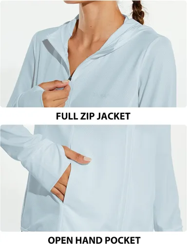 Vista 4 de BALEAF Chaqueta de protección solar UPF 50+ para mujer, con capucha, con bolsillos, para senderismo, rendimiento al aire libre