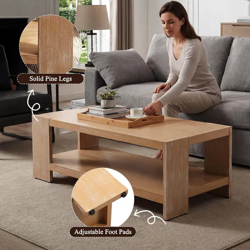 Vista 5 de chairus Mesa auxiliar de 47 pulgadas con almacenamiento de 2 niveles, mesa central rectangular de granja con patas de madera de pino maciza