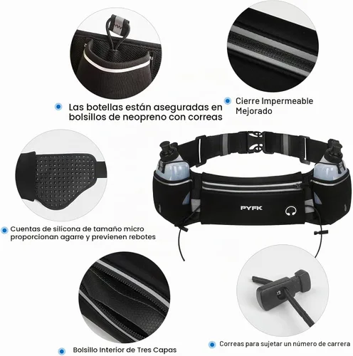 Vista 6 de PYFK Cinturón para correr con botellas de agua, cinturón de hidratación para hombres y mujeres, soporte para botella de agua, bolsa para correr Negro