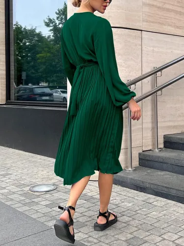 Vista 5 de PRETTYGARDEN Vestido Midi de Primavera para Mujer con Manga Larga Abombada, Cuello en V Envolvente, Fluido, con Volantes Plisados, Vestidos Casuales