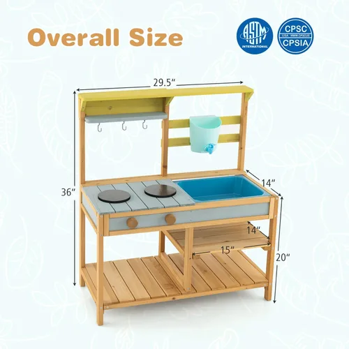 Vista 6 de Costzon Cocina de madera para niños, cocina de barro al aire libre con fregadero extraíble, caja de agua y grifo, parte superior de la estufa