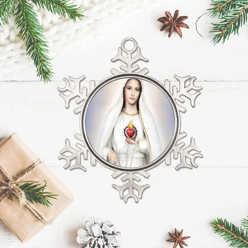 Vista 3 de Adornos metálicos de copo de nieve de Nuestra Señora de Fátima, adorno de Navidad, recuerdo, regalo, adornos colgantes para decoración de árbol