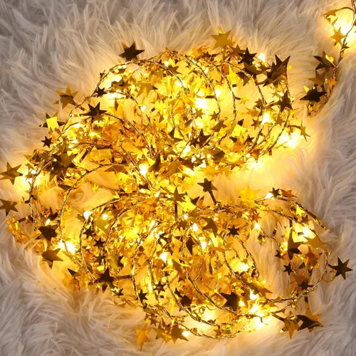 Vista 6 de Guirnalda de luces doradas con forma de estrella, funciona con pilas, 1 paquete de mini cable plateado con estrellas de PVC, luces LED