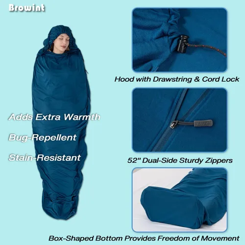 Vista 4 de BROWINT Forro 100% Thermolite para saco de dormir con 2 cremalleras, momia con capucha y rectangular para campamento; saco de dormir para adultos