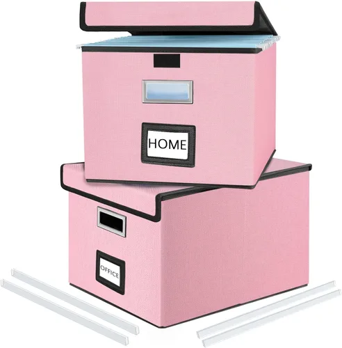 Vista 58 de Caja organizadora de archivos Huolewa con tapa, caja organizadora de carpetas de archivos colgantes de cuero sintético plegable con deslizadores