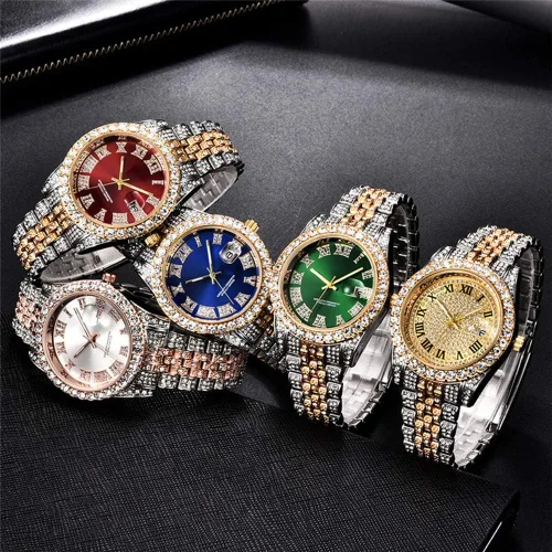 Vista 7 de Relojes de hip hop para hombre, relojes de cuarzo de lujo con diamantes brillantes con fecha