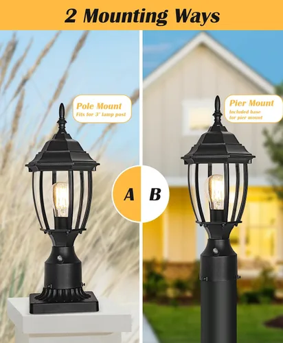 Vista 6 de Paquete de 2 luces de poste para exteriores con cableado fijo de 120V del anochecer al amanecer, lámpara de poste de aluminio impermeable con base