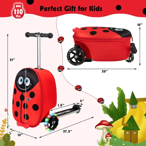 Vista 9 de HONEY JOY Maleta de scooter para niños, equipaje de mano de 18 pulgadas con ruedas LED iluminadas, carcasa impermeable y mango retráctil, maleta